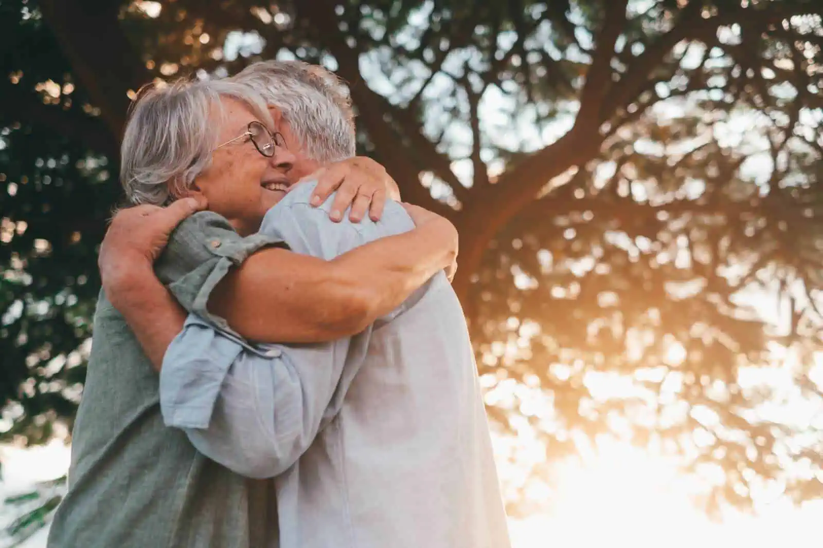 Smiling senior couple hugging each other in front of a tree and sunset
