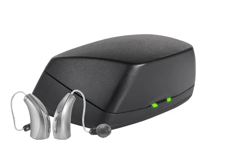 RIC hearing aid pair with charger
